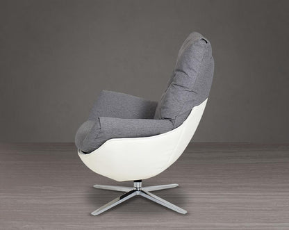 The chair is made with dense foam padding, comes finely upholstered in fabric with faux leather and stainless steel base with swivel.