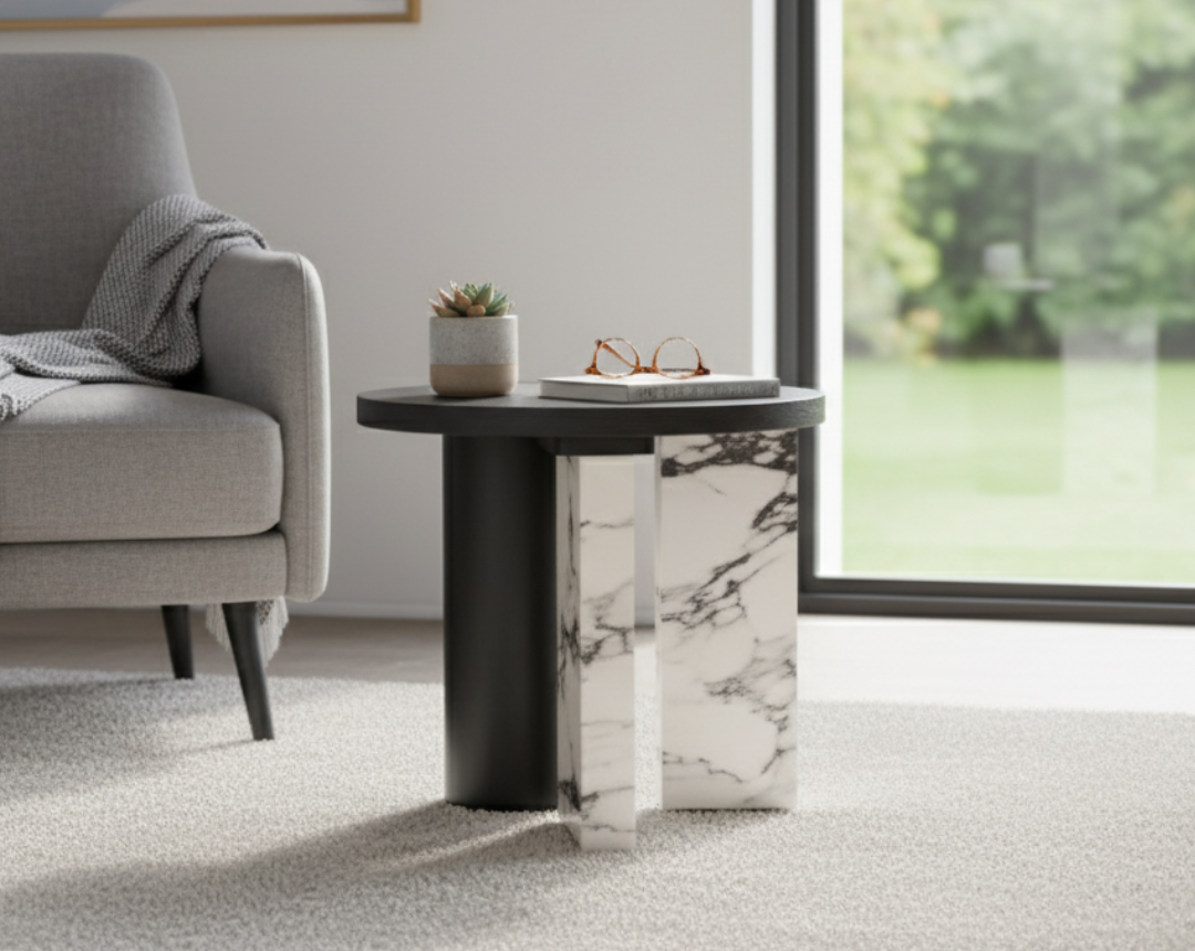 Modern side table with marble base in a living room setting
