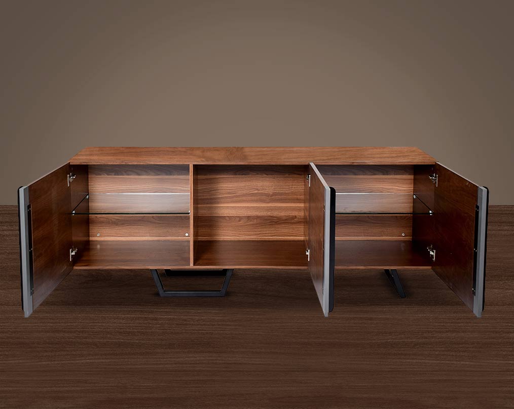 Buffet/Cabinet in light walnut and grey glossy finish open 3 drawer with metal powder-coated legs in rich contemporary design.