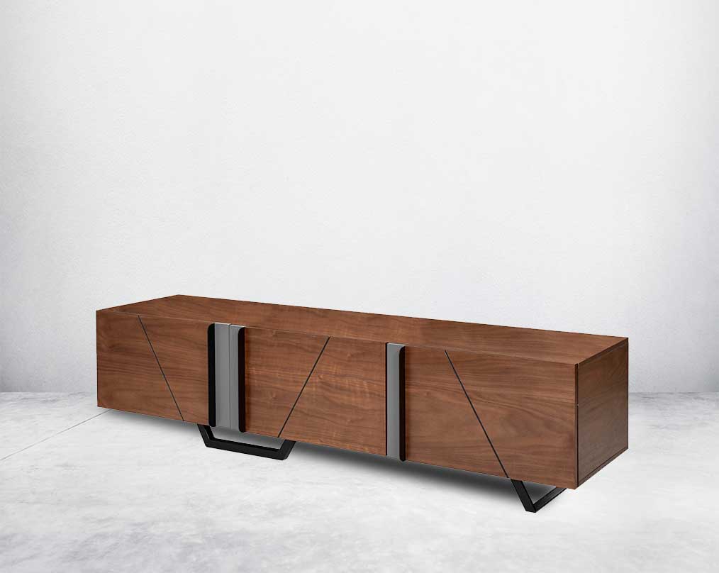 T V Unit in light walnut and grey glossy finish with metal powder-coated legs in rich contemporary design.