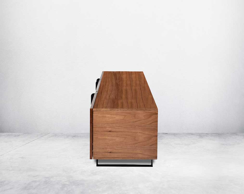 T V Unit in light walnut and grey glossy finish with metal powder-coated legs in rich contemporary design.