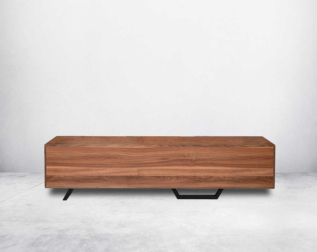 T V Unit in light walnut and grey glossy finish with metal powder-coated legs in rich contemporary design.