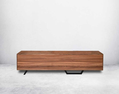 T V Unit in light walnut and grey glossy finish with metal powder-coated legs in rich contemporary design.