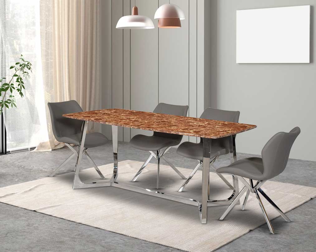 6 & 8 Seater rectangular dining table with brown marble top and high polished stainless steel base with back view Dining chair upholstered in faux leather with stainless steel legs.
