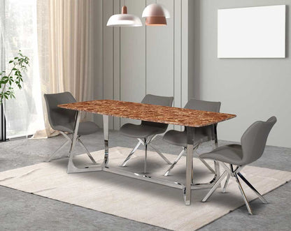 6 & 8 Seater rectangular dining table with brown marble top and high polished stainless steel base with back view Dining chair upholstered in faux leather with stainless steel legs.