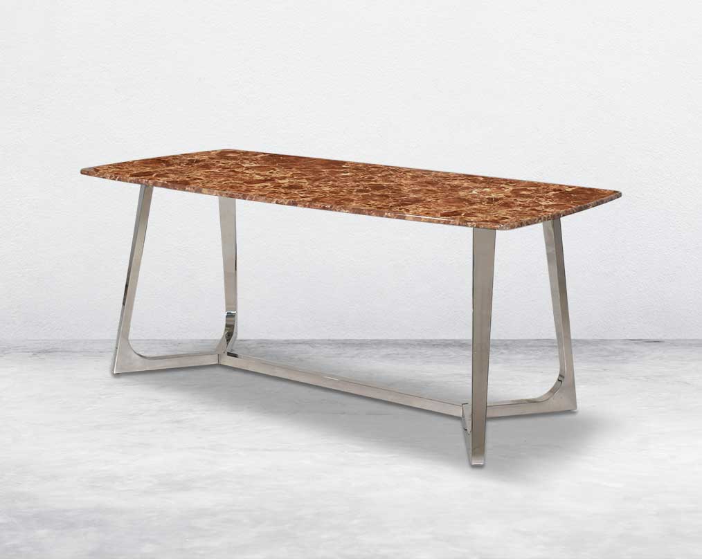 6 & 8 Seater rectangular dining table with brown marble top and high polished stainless steel base. 