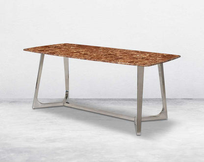 6 & 8 Seater rectangular dining table with brown marble top and high polished stainless steel base. 