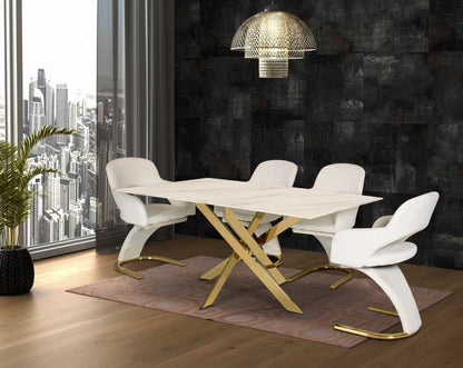 This chic 6 seater rectangular dining table has a marble finish glass tabletop with shiny gold plated stainless steel base 4 Fabric Dining Chair with white colour