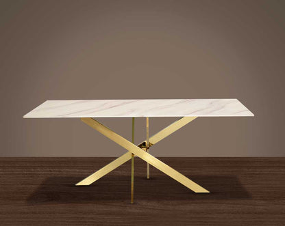 This chic 6 seater square dining table has a marble finish glass tabletop with shiny gold plated stainless steel base