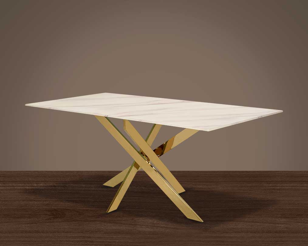 This chic 6 seater rectangular dining table has a marble finish glass tabletop with shiny gold plated stainless steel base