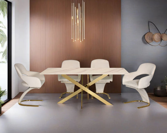 This chic 6 seater rectangular dining table has a marble finish glass tabletop with shiny gold plated stainless steel base Fabric Dining Chair with white colour