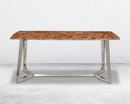 6 Seater rectangular dining table with brown marble top and high polished stainless steel base front view.