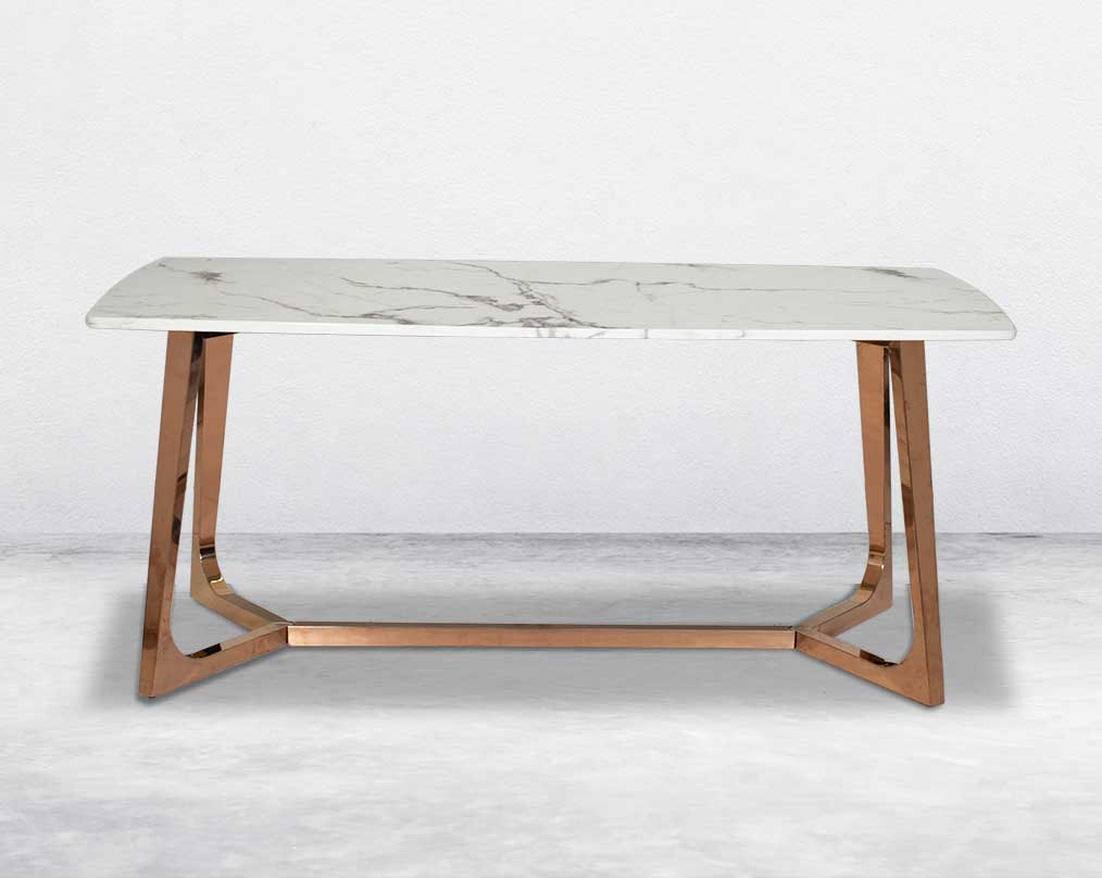 6 & 8 Seater rectangular dining table with white marble top and high polished stainless steel base with rose gold finish.