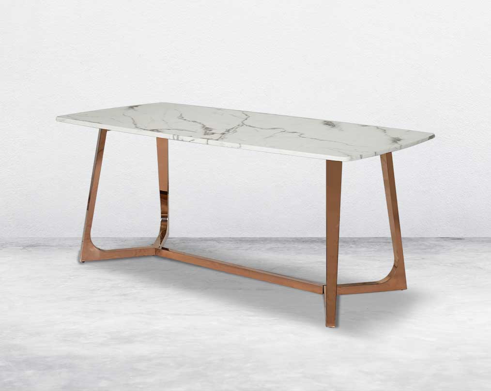 6 & 8 Seater rectangular dining table with white marble top and high polished stainless steel base with rose gold finish.