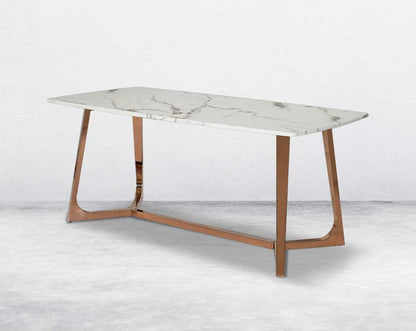 6 & 8 Seater rectangular dining table with white marble top and high polished stainless steel base with rose gold finish.