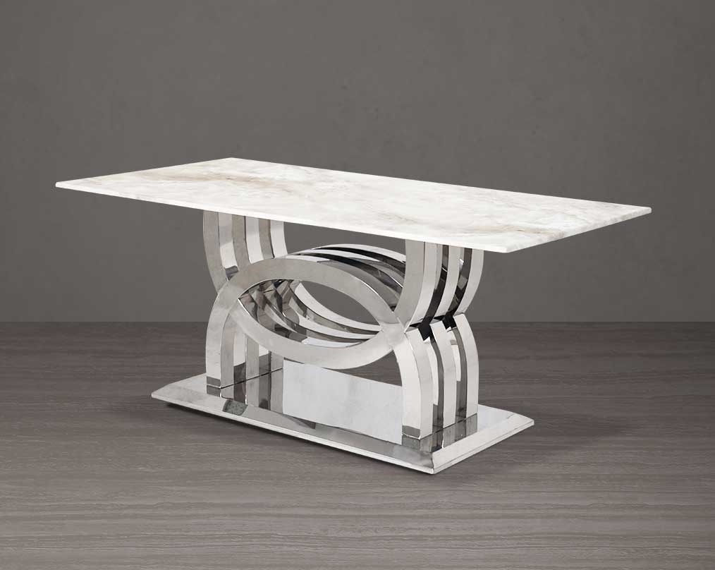 6 & 8 seater rectangular dining table with marble top comes with an artful stainless steel base
