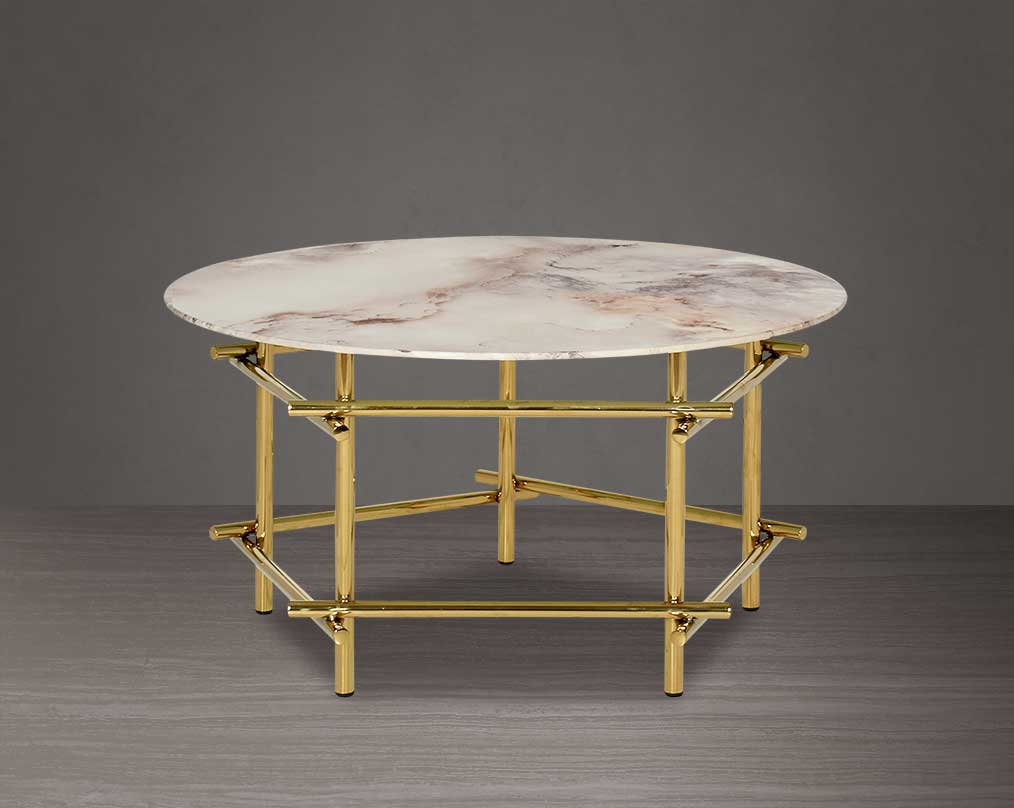 Round coffee table with marble finish glass top and gold plated stainless steel base in a geometric design.