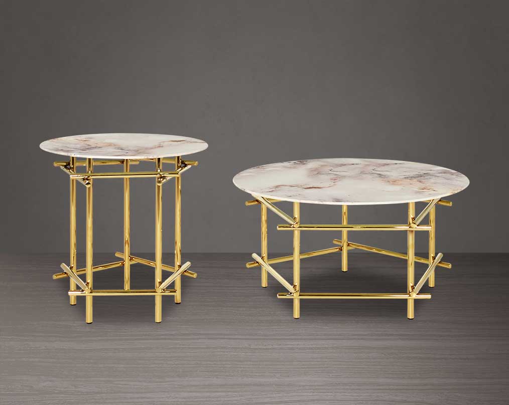 Round coffee table & end table with marble finish glass top and gold plated stainless steel base in a geometric design.