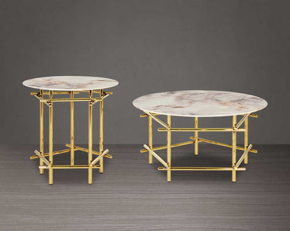 Round coffee table & end table with marble finish glass top and gold plated stainless steel base in a geometric design.