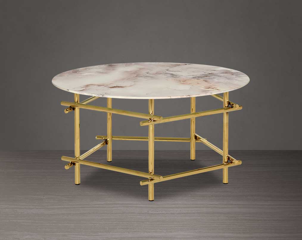 Round coffee table & end table with marble finish glass top and gold plated stainless steel base in a geometric design. front view