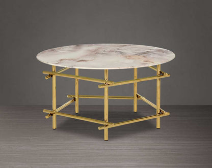 Round coffee table & end table with marble finish glass top and gold plated stainless steel base in a geometric design. front view
