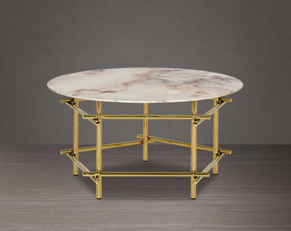 Round coffee table & end table with marble finish glass top and gold plated stainless steel base in a geometric design.