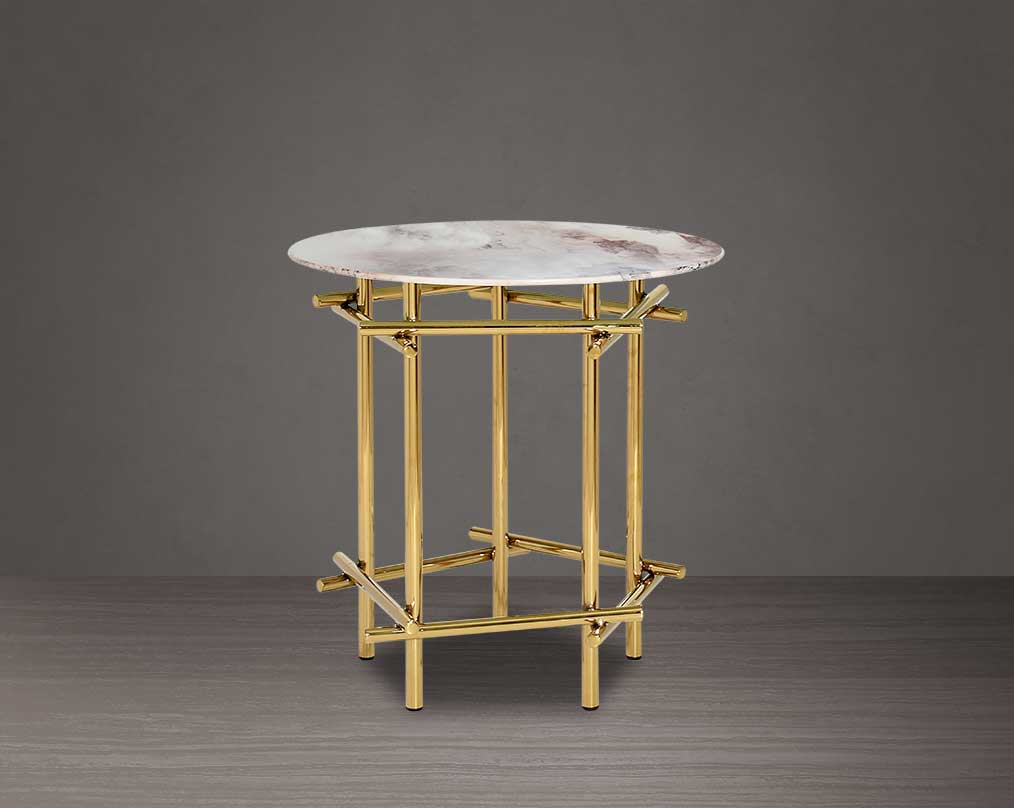 Round coffee table & end table with marble finish glass top and gold plated stainless steel base in a geometric design.