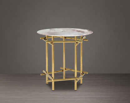 Round coffee table & end table with marble finish glass top and gold plated stainless steel base in a geometric design.