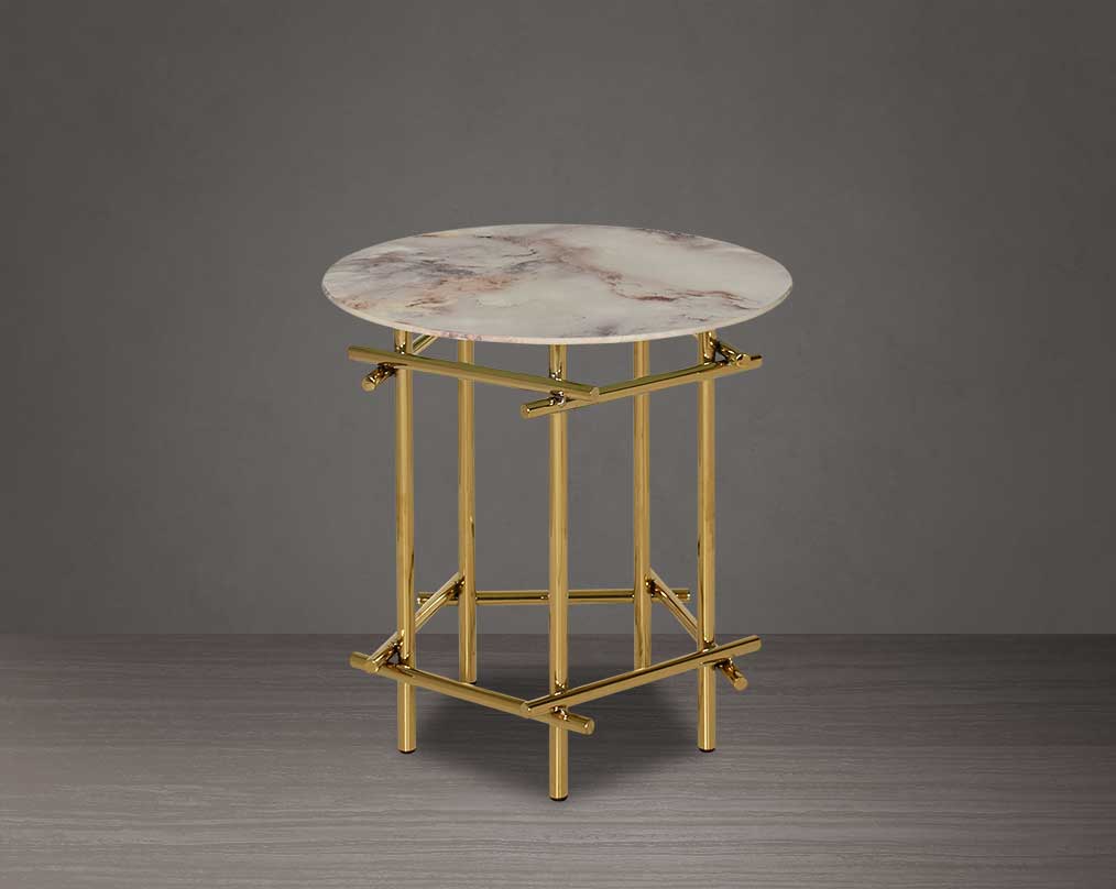 Round coffee table & end table with marble finish glass top and gold plated stainless steel base in a geometric design.