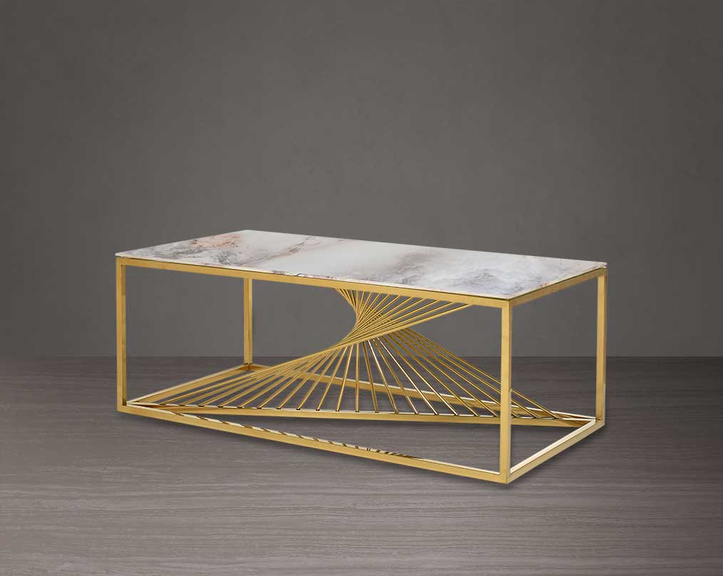Coffee table with marble finish glass top and gold plated stainless steel base in a geometric pattern.