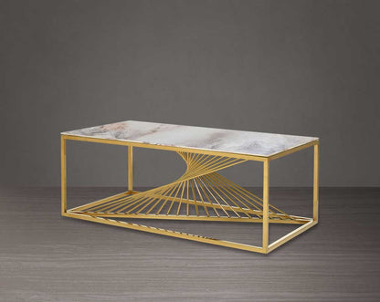 Coffee table with marble finish glass top and gold plated stainless steel base in a geometric pattern.