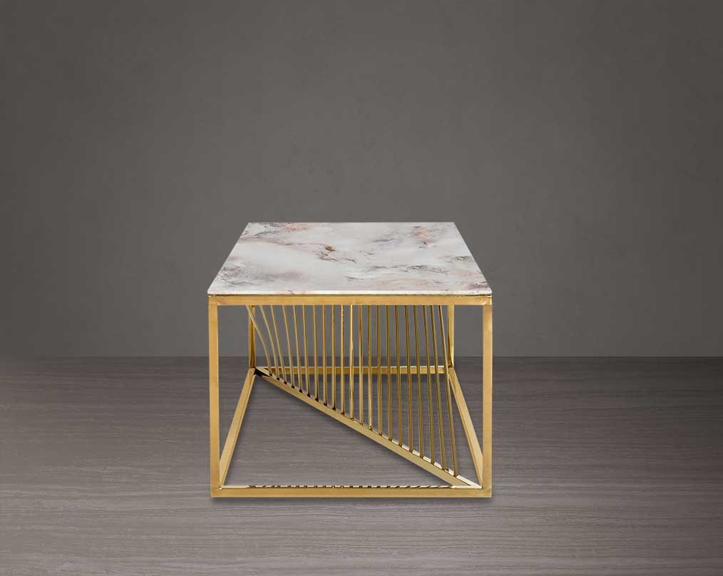 Coffee table with marble finish glass top and gold plated stainless steel base in a geometric pattern.