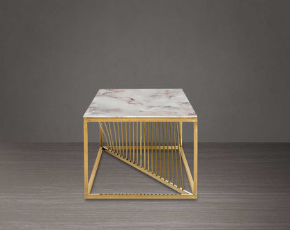 Coffee table with marble finish glass top and gold plated stainless steel base in a geometric pattern.