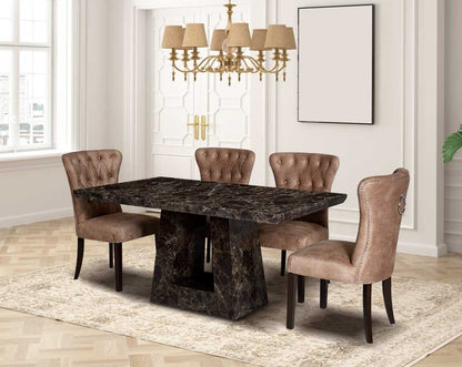 This 6 & 8 seater Rectangular Dining Table with black colour is beautifully crafted to add lasting quality & functionality to your dining space Dining chair upholstered in fabric with tufted back and birchwood legs.