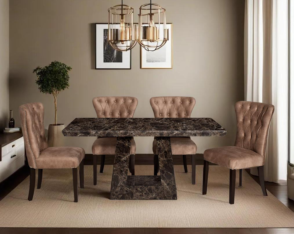 This 6 & 8 seater Rectangular Dining Table is beautifully crafted to add lasting quality & functionality to your dining space Dining chair upholstered in fabric with tufted back and birchwood legs.