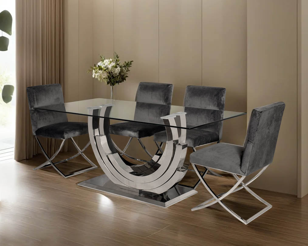 This 6 & 8 seater dining table with clear tempered glass top comes with an artful abstract stainless steel base.The stainless steel base echoes an opulent and sophisticated modern style and stands out in any ambience.
Dining chair upholstered in fabric w
