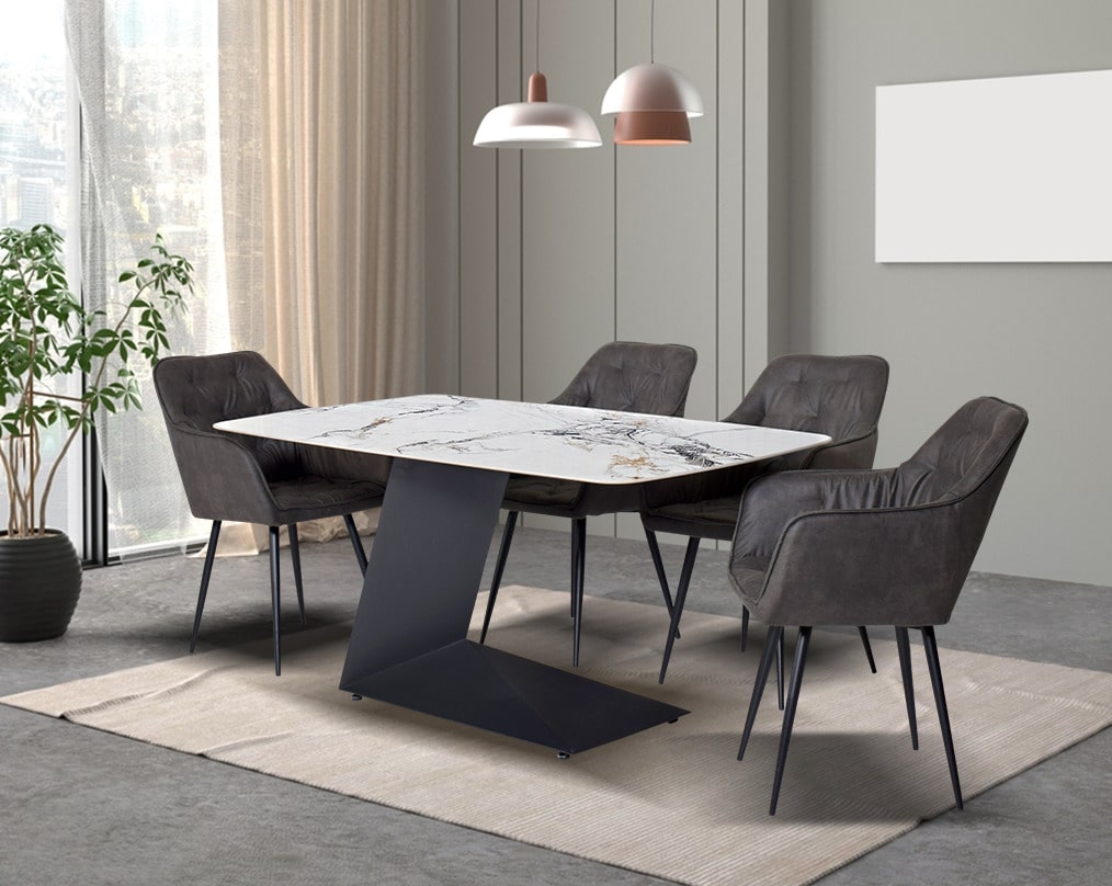 This 6-seater minimalist dining table is an embodiment of modern glamour This soft, cushioned dining chair features an extraordinary contemporary design