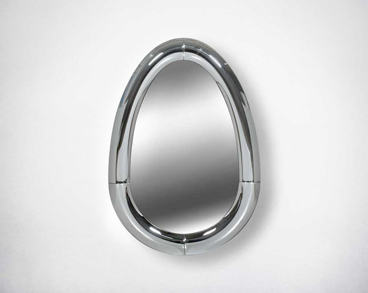Elliptical wall mirror with silver curved mirror border in rich contemporary design.