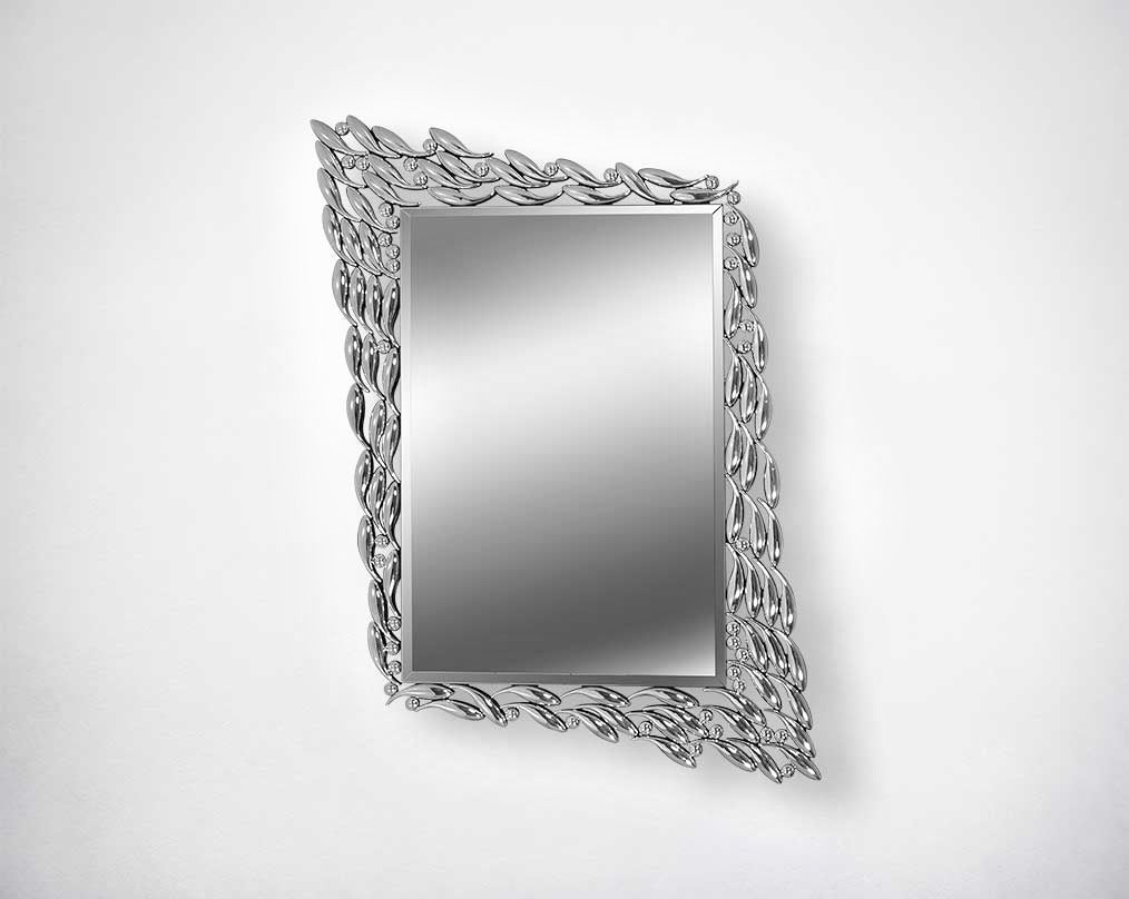 Rectangular wall mirror with silver mirror border in fish-shaped motif in ornamental design.