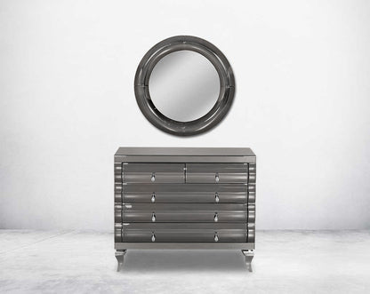 Round wall mirror with grey curved mirror with table border in rich contemporary design.