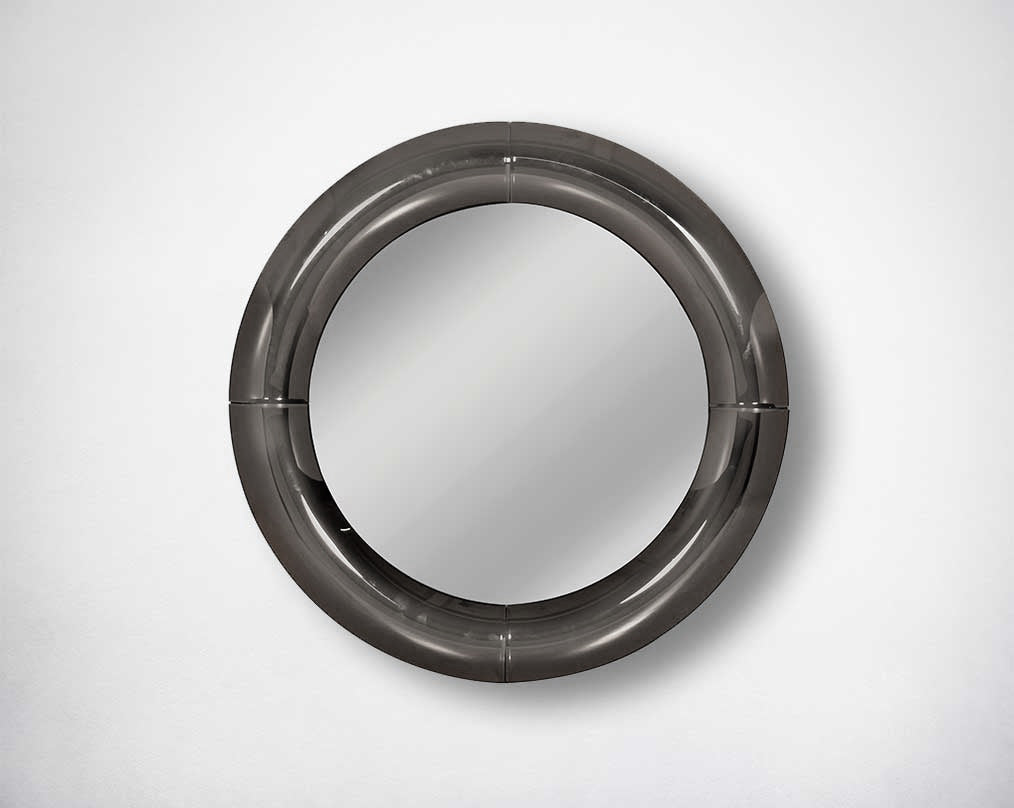 Round wall mirror with grey curved mirror border in rich contemporary design.