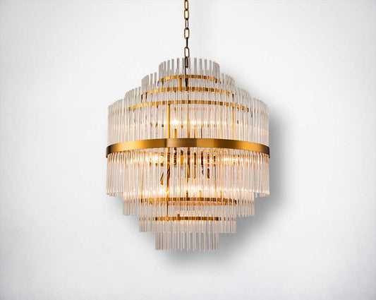 Add glamour to your space with this art deco style beautiful pendant lamp. This 7-Light crystal pendant lamp features clear glass rods on a round metal frame.
