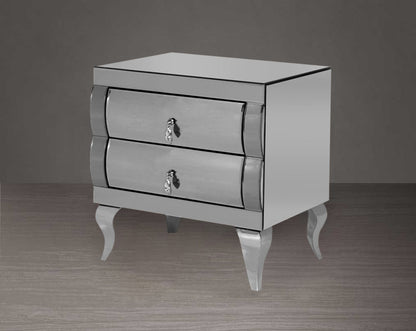 Bedside table in silver curved mirror with legs in stainless steel.