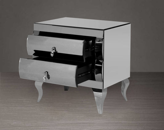 Bedside table with 2 open drawer in silver curved mirror with legs in stainless steel.
