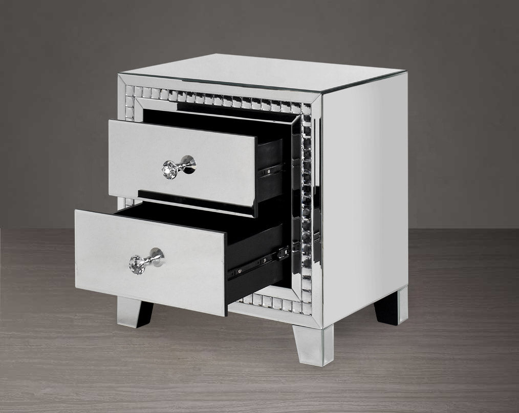 Side table in clear mirror with silver mirror border with crystal effect open two drawer