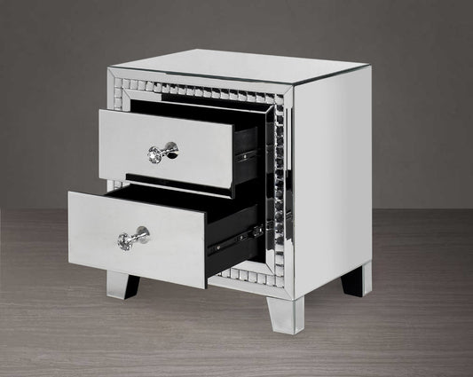 Side table in clear mirror with silver mirror border with crystal effect open two drawer
