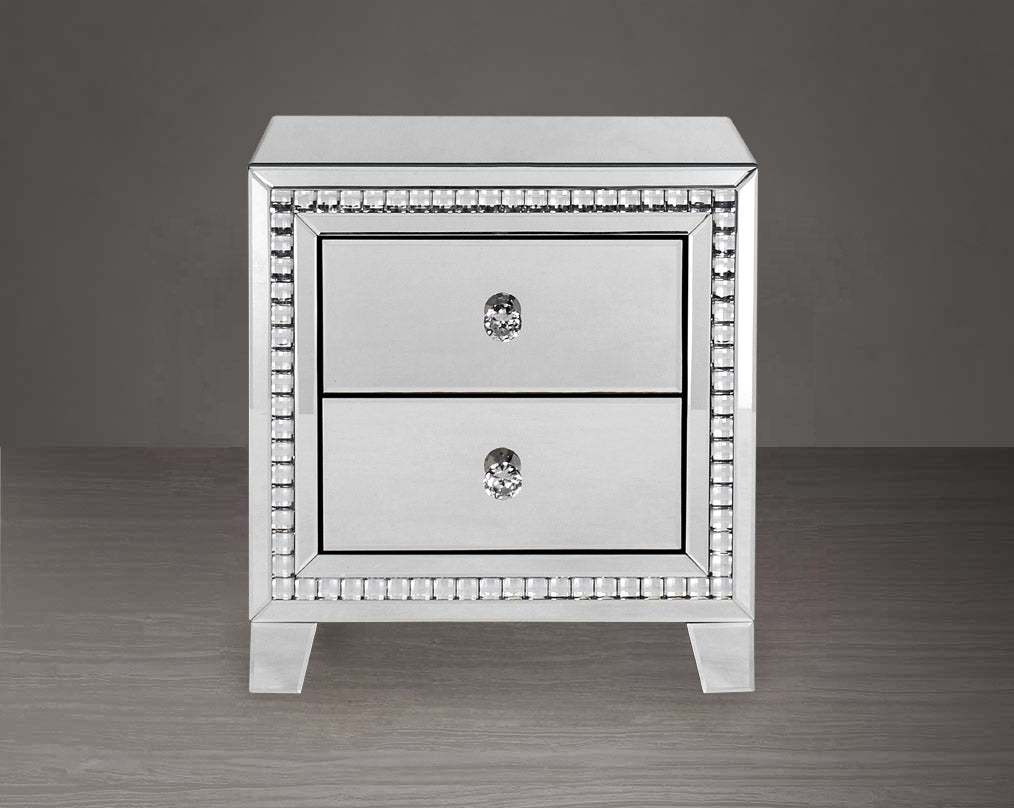 Side table in clear mirror with silver mirror border with crystal effect with front view