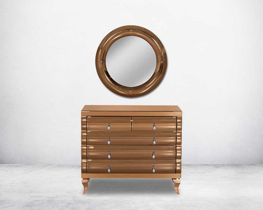 Round wall mirror with tawny curved mirror  with table 6 drawer border in rich contemporary design.