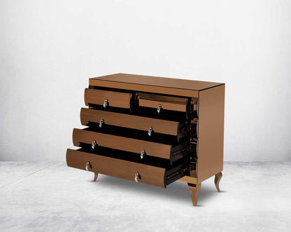 Chest of open drawers in curved tawny mirror with rose gold plated stainless steel legs.