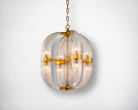 A traditional pendant light gets a glamorous upgrade in this four-light chandelier! Crafted of metal in brass finish, this fixture features an open orb frame composed of clear glass faceted prisms.